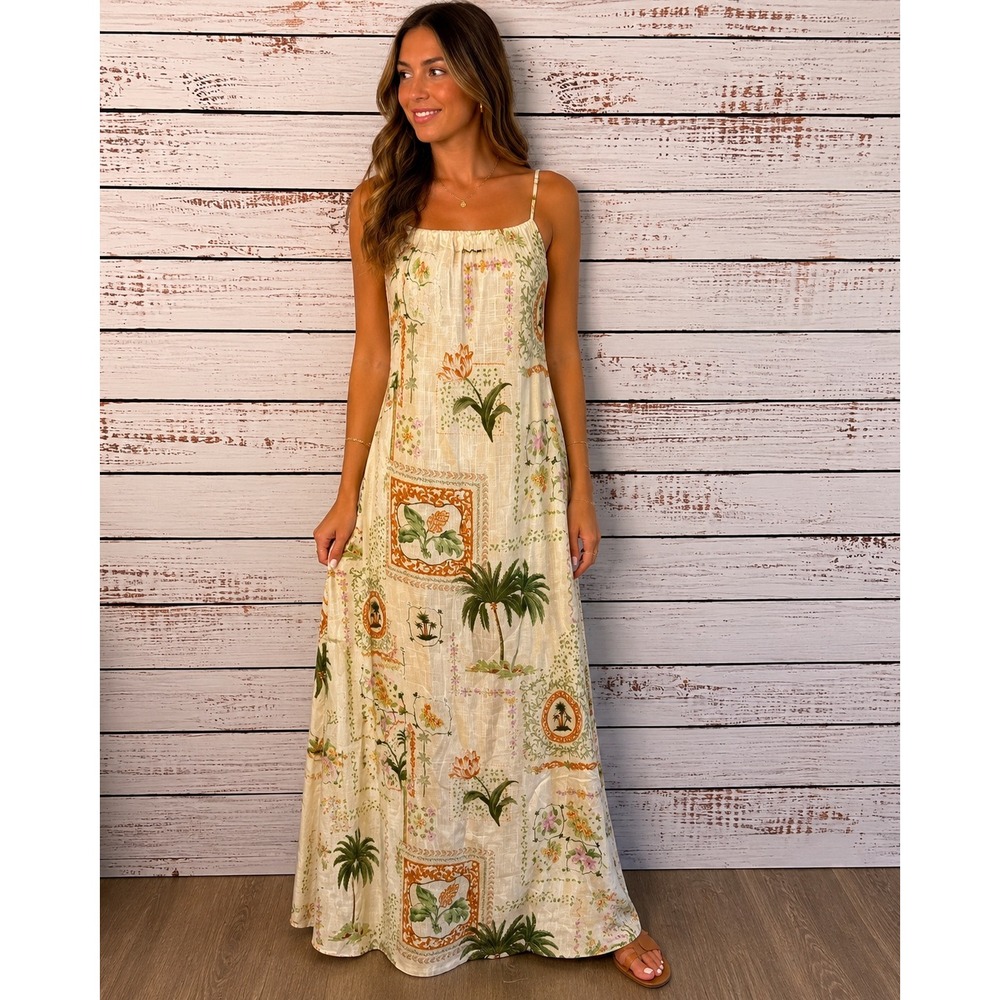 Paper Heart Linen Blend Tropical Palm Tree Postcard Print Maxi Dress Cream NWT